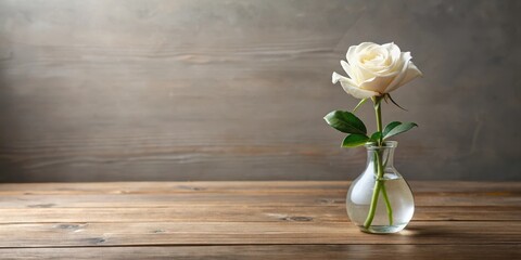 Wall Mural - Single white rose bloom in a minimalist vase on a wooden table , flower, simple,  flower