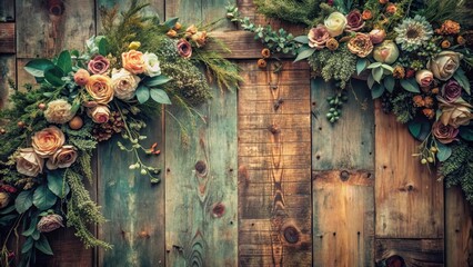 Wall Mural - Old, dusty, ornate wooden wall covered with artificial flowers and greenery in a worn, faded color palette, floral, vintage