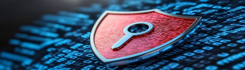 Pink shield with keyhole icon on a digital background