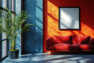 Wall Mural - A red couch by a large window in a bright room.