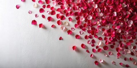 Wall Mural - Vibrant rose petals cascade down a minimalist white wall, creating a stunning floral pattern that adds elegance to any space