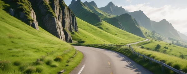 Wall Mural - A winding road curves around a cliff with lush green grassy hillsides on either side against a bright white background, winding road, countryside