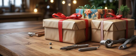 A beautifully wrapped gift on a wooden workbench with tools and decorations, colorful, gift box