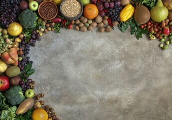 Wall Mural - Colorful array of fresh fruits, vegetables, and grains forming a heart shape on a textured background.