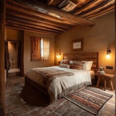 Wall Mural - Rustic Bedroom Interior Design Featuring Wooden Beams and Earthy Tones