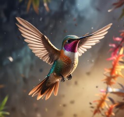 A hummingbird in flight with feathers glistening in the light, insects, outdoor