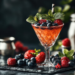 Wall Mural - Cocktail decorated with different berries, gray background.