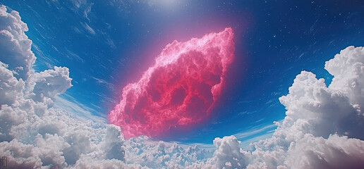 Aufkleber - The astral world, red, large land masses hovering in the air, nebulous blue clouds in the background.