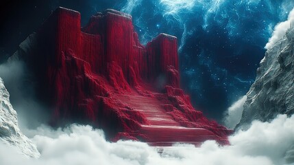 Aufkleber - The astral world, red, large land masses hovering in the air, nebulous blue clouds in the background.