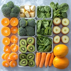 Canvas Print - A vibrant and colorful flat-lay of fresh fruits and vegetables, including spinach, carrots, broccoli, clementines, kiwis, apples, butternut squash, sweet potatoes, oranges, and pears.