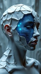 Fototapete - Abstract human head sculpted from intricately folded, layered origami paper with exposes of glowing circuits