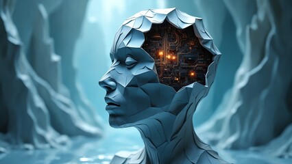 Fototapete - Abstract human head sculpted from intricately folded, layered origami paper with exposes of glowing circuits