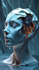 Fototapete - Abstract human head sculpted from intricately folded, layered origami paper with exposes of glowing circuits