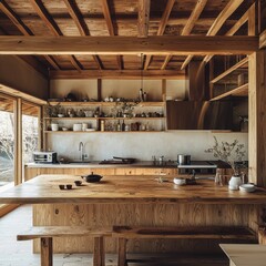 Wall Mural - Rustic Wooden Kitchen Island With Exposed Beams