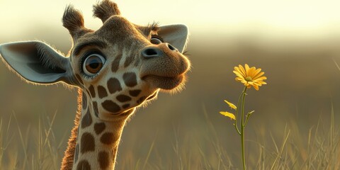 Poster - Cute giraffe and flower. AI.