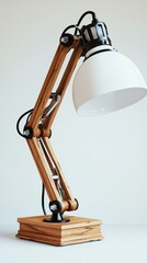 Wall Mural - Wooden desk lamp with a white shade. AI.