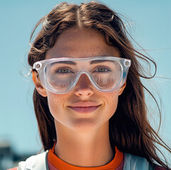 Leinwandbilder - Portrait of a woman cyclist with transparent glasses of the kind that are actually used by professional cyclists.