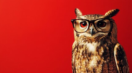 A stylish owl wearing glasses stands against a vibrant red background, combining intelligence with playful charm.