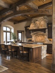 Wall Mural - Rustic Kitchen Island With Stone Fireplace And Wooden Beams