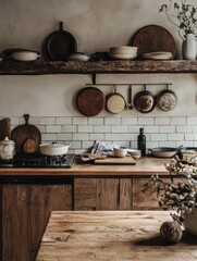 Wall Mural - Rustic Kitchen With Wooden Cabinets And Vintage Cookware