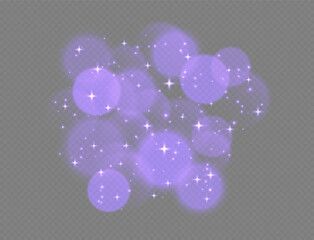Wall Mural - purple bokeh with stars and sparkles, shiny overlay decoration isolated on grey background. vector i