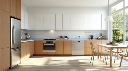 Light rosewood cabinets complement white walls in this modern kitchen design.