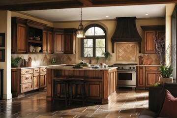 Wall Mural - Elegant Rustic Kitchen Design With Island And Wood Cabinets