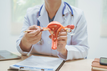 Male doctor treating female uterine diseases at hospital table, discussing uterine disease models,diagnosing uterine tumors, endometriosis,bacterial vaginitis,cervical cancer,HPV-related infections