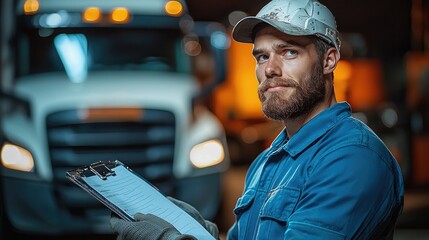 Leinwandbilder - Mechanic reviewing a vehicle maintenance checklist in front of truck.