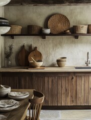 Wall Mural - Rustic Kitchen Interior Design With Wooden Cabinets and Baskets