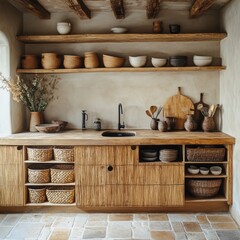 Wall Mural - Rustic Kitchen Design with Wooden Shelving and Woven Baskets