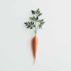 Wall Mural - Single orange carrot with green leaves on white background.