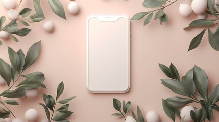 Pink background smartphone mockup, floral frame, app design,  advertising