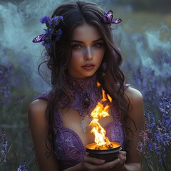 Wall Mural - A beautiful young woman, mist, flowers in the hair, butterfly, fog, violet dress, fire, a lot of thoughts, mystery.