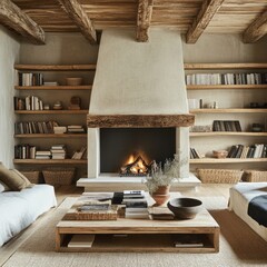 Wall Mural - Rustic Living Room with Fireplace and Built in Bookshelves