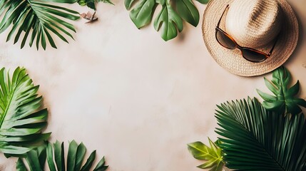 Tropical Summer Hat Sunglasses Leaves Beige Background Mockup