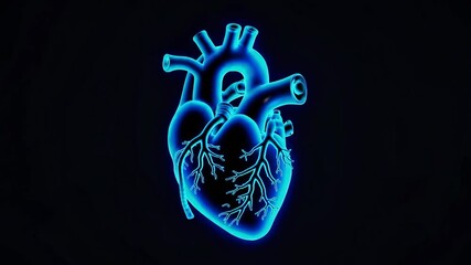Poster - Digital illustration of human heart in neon blue on black background, medical and anatomical concept
