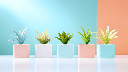 Fototapete - A stylish arrangement of potted plants against a pastel background, showcasing vibrant greenery and modern design elements