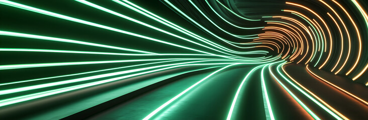 Wall Mural - A burst of green light, resembling a speed trail, emerges from a circular modern backdrop, creating an abstract neon energy tunnel with a radial flash explosion.