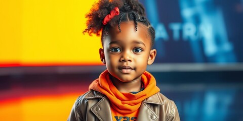 African kid girl with futuristic tech accessories posing in front of a bright abstract background, wearing stylish fashion attire, fashion, stylish, attire