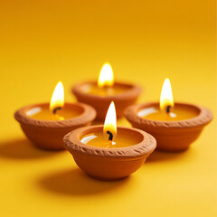 Wall Mural - A photograph of multiple clay oil lamps lit, symbolizing the festive lights and warmth of the Diwali festival