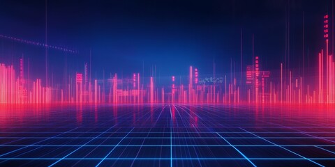 Fototapete - Futuristic cityscape with glowing red and blue digital grid lines.