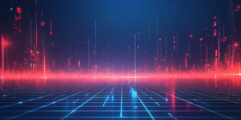 Poster - Abstract futuristic cityscape with glowing red and blue lines on a grid.