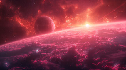 Wall Mural - cosmic landscape with rings around a planet and a glowing sun backdrop. generative ai