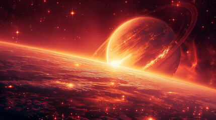 Wall Mural - cosmic landscape with rings around a planet and a glowing sun backdrop. generative ai