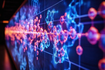 Wall Mural - futuristic digital data stream with glowing molecular structures on a high-tech display screen in a 