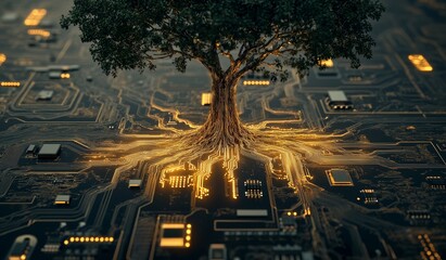 Poster - Glowing tree roots embedded in circuit board.