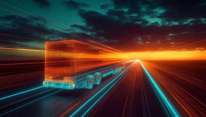 Fototapete - Futuristic semi-truck speeding on highway at sunset.