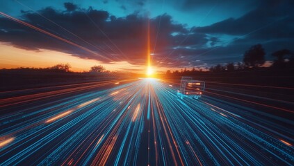 Fototapete - Sunset highway with fast moving truck, light trails.