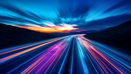 Fototapete - Vibrant light trails on highway at sunset.